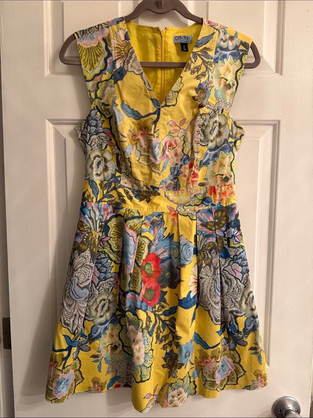 Cynthia Rowley Yellow Floral V-Neck Pleated Mini Dress